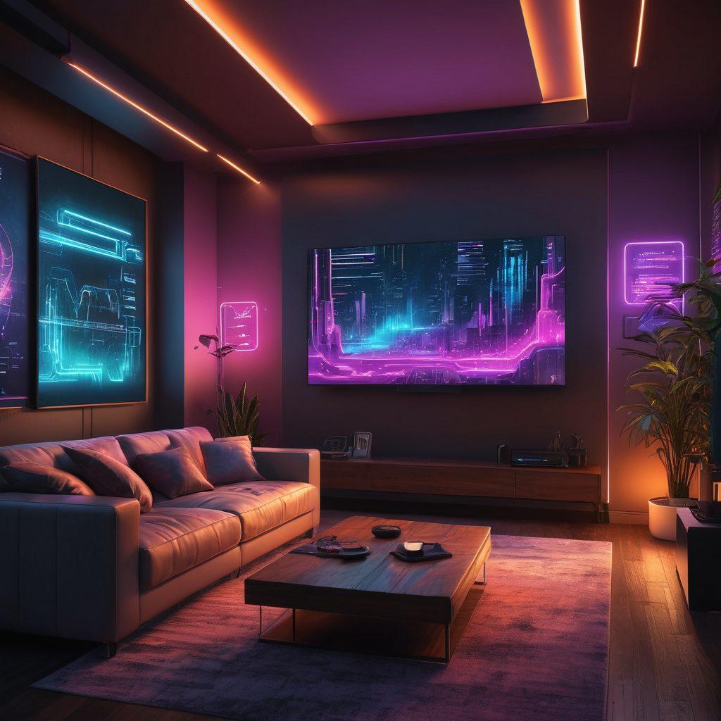 A dynamic and modern representation of adult streaming, featuring a large screen displaying diverse adult content in a stylish living room environment. Include elements like a cozy couch, ambient lighting, and tech gadgets symbolizing the integration of technology in entertainment. Emphasize the transformative aspect with visual motifs representing digital evolution, like circuit patterns or data streams in the background. A sense of excitement and curiosity to reflect the rapid growth of the industry. cyberpunk. vibrant colors. super-realistic.