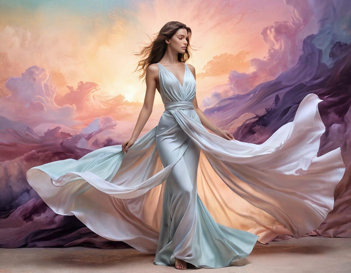 A captivating blend of sensuality and artistry, featuring an abstract representation of human figures in flowing, graceful poses with soft lighting. Incorporate elements like delicate fabrics, hints of nature, and a gentle color palette to evoke a sense of intimacy and elegance. The background should be a dreamy, surreal landscape that complements the theme of transformation. super-realistic. soft pastels. ethereal lighting.